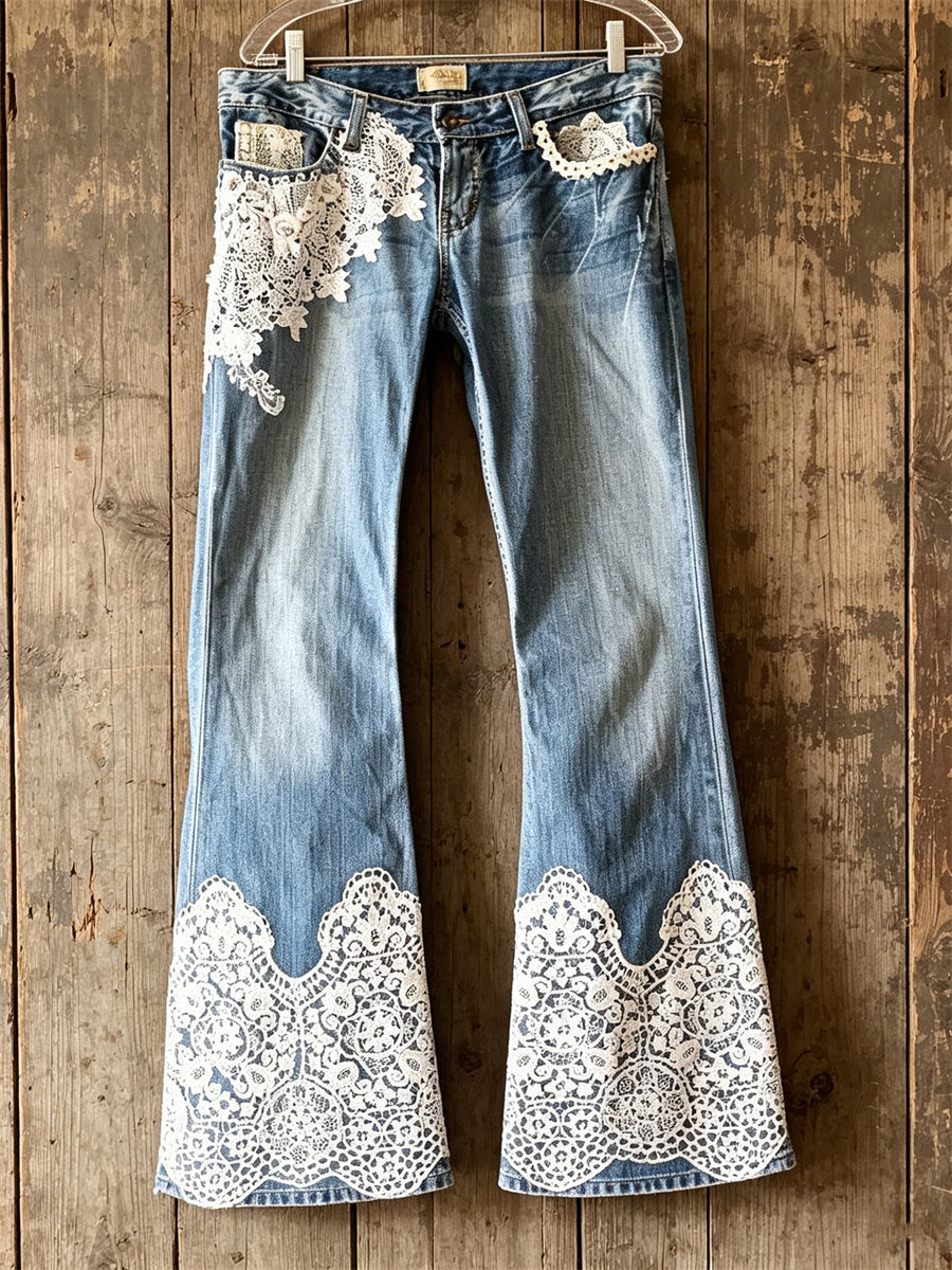 Women's Vintage Floral Lace Art Print Bootcut Jeans
