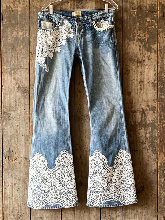 Women's Vintage Floral Lace Art Print Bootcut Jeans