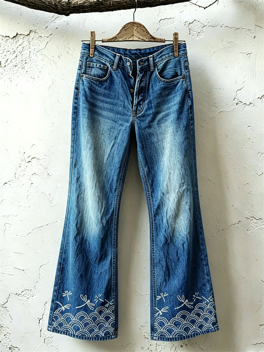 Vintage Dragonflies & Sea Waves Japanese Sashiko Art Bootcut Jeans