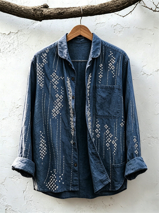 Vintage Japanese Sashiko Art Print Linen Shirt