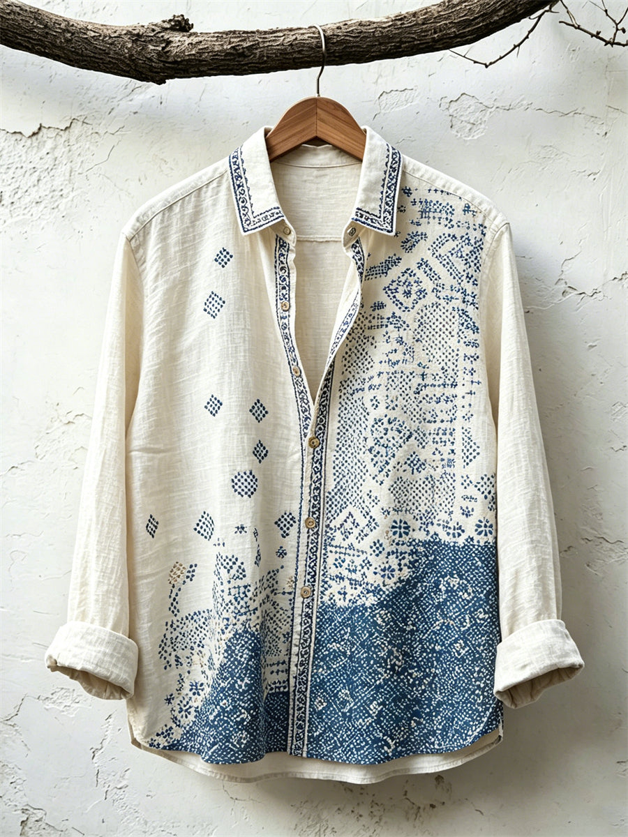 Vintage Simple Japanese Contrast Sashiko Art Print Linen Shirt