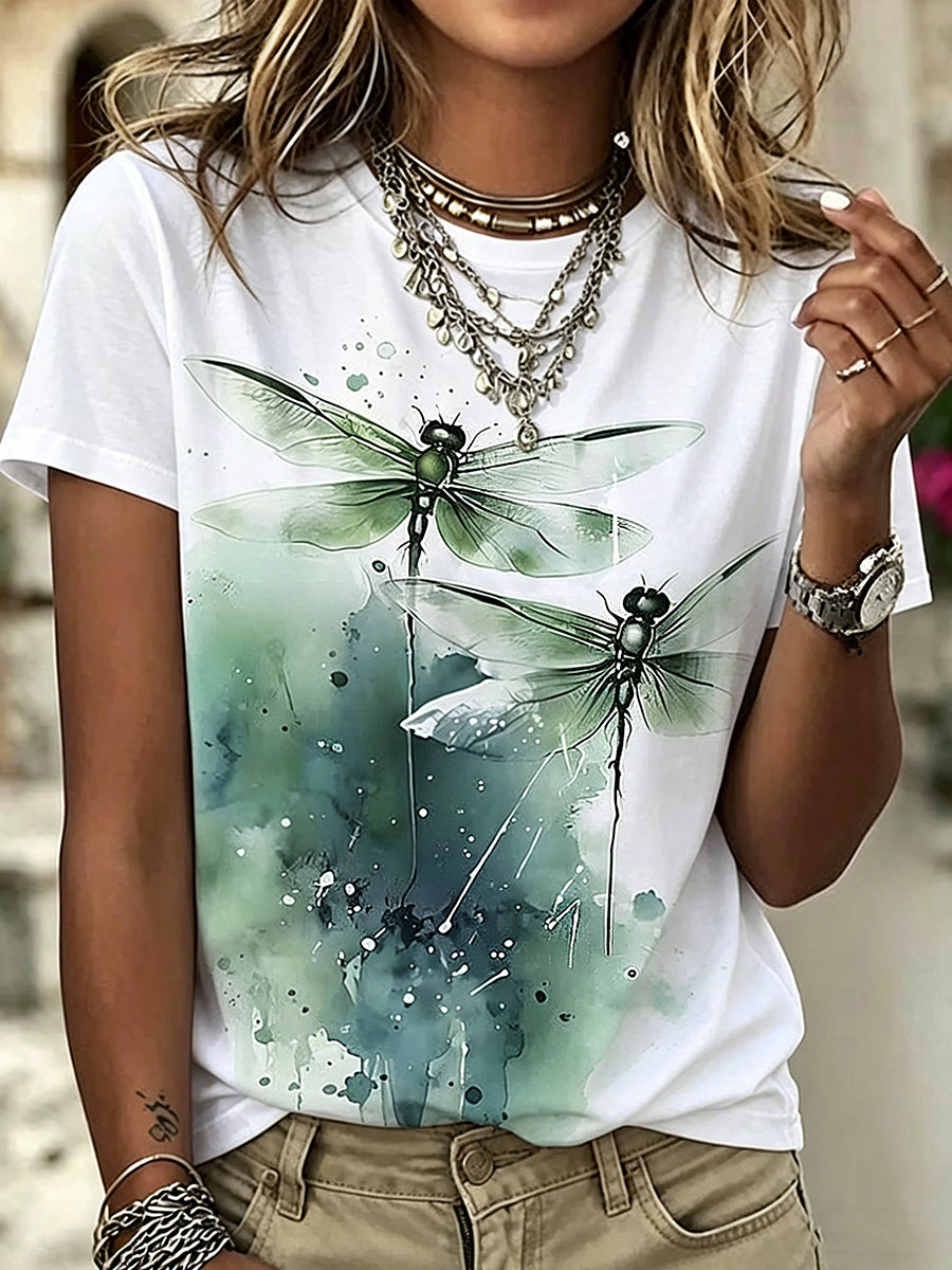 Women's Dragonfly Flowers Printed Vintage Fashion Loose Short Sleeve T-Shirt