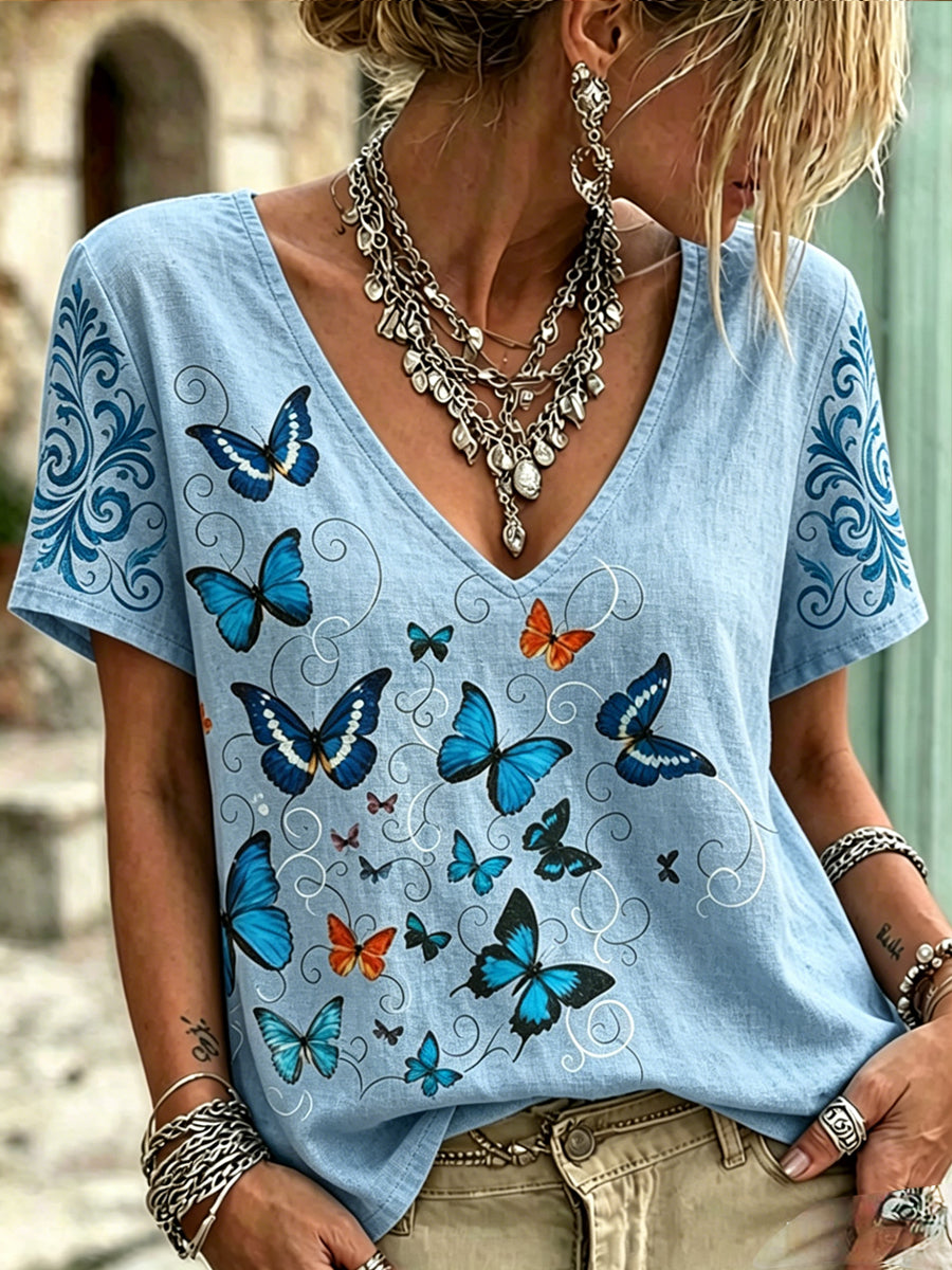 Women's Dragonfly Flowers Printed Vintage Fashion Loose Short Sleeve T-Shirt