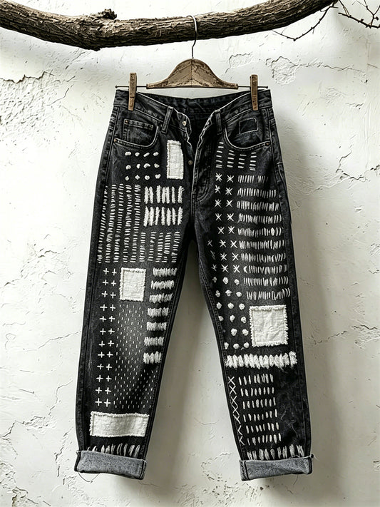 Vintage Geometric Japanese Sashiko Art Print Jeans