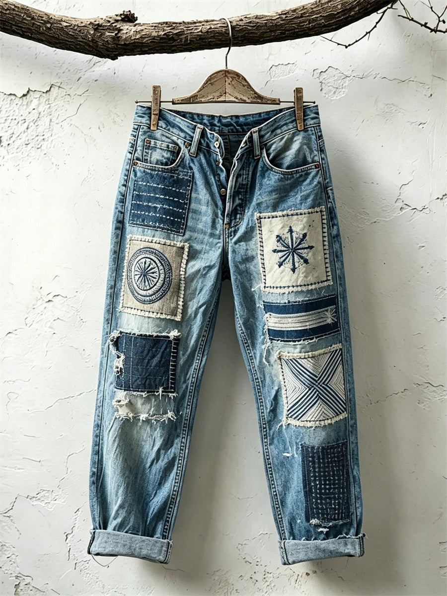 Vintage Japanese Sashiko Inspired Patchwork Art Print Jeans