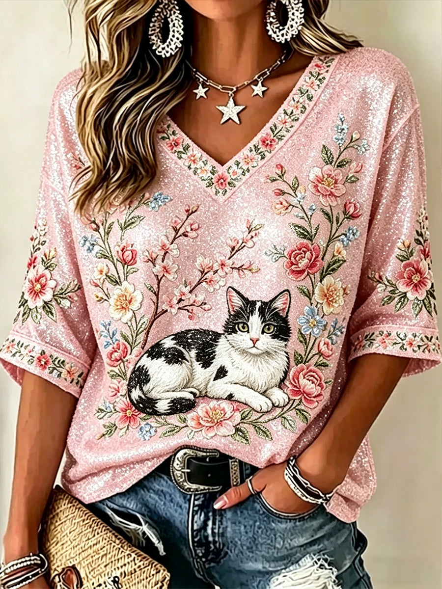 Women's Flowers and Cats V-Neck T-Shirt