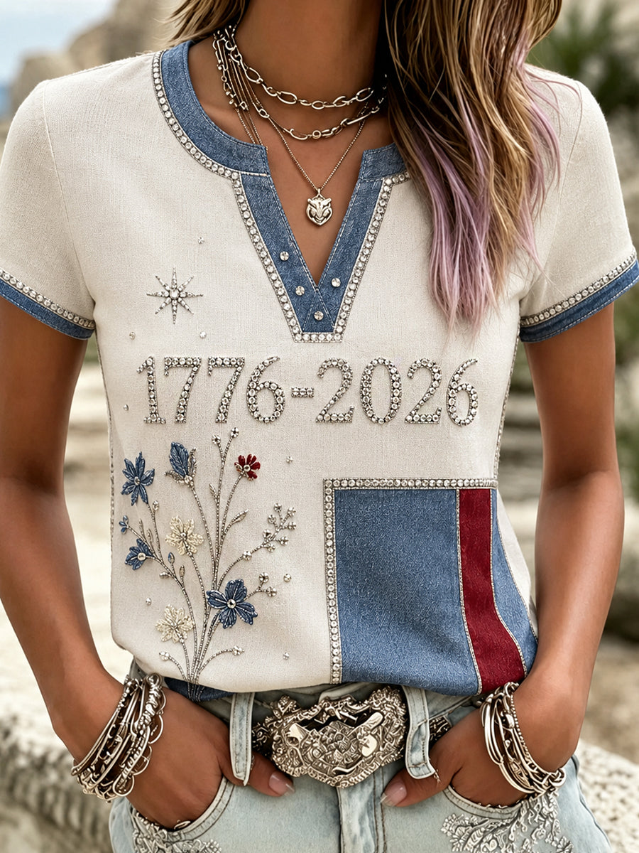 Women's Retro Embroidered Floral Art Print Casual Cotton Linen Comfortable T-shirt