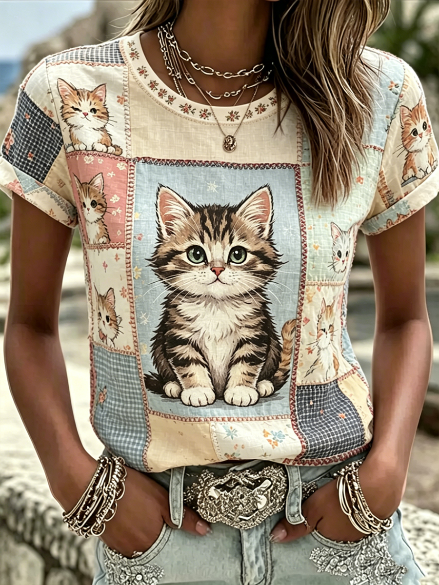 Women's Cute Cat Print short-sleeved T-shirt