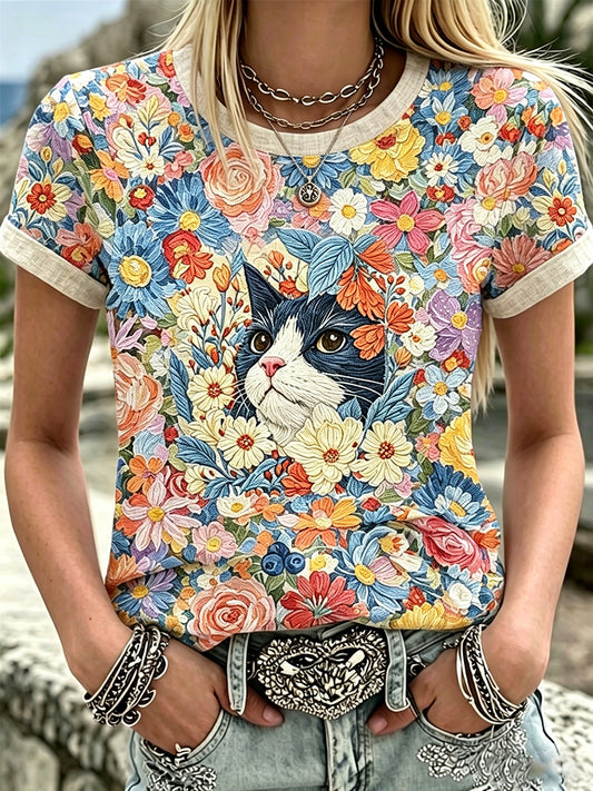 Women's Flowers and Cats Linen Short-sleeved Top