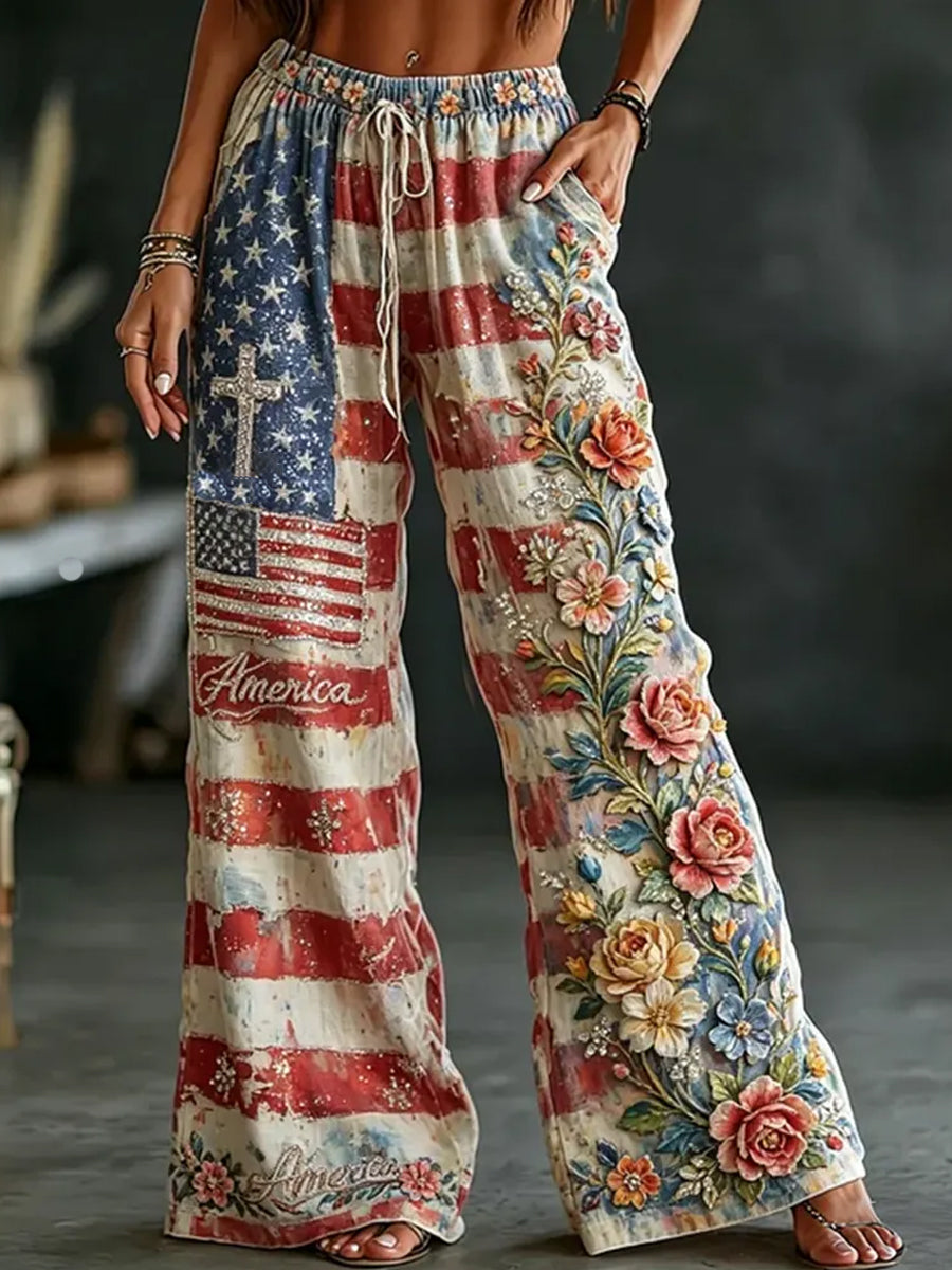 Women's Vintage American Flag And Floral Art Casual Pants