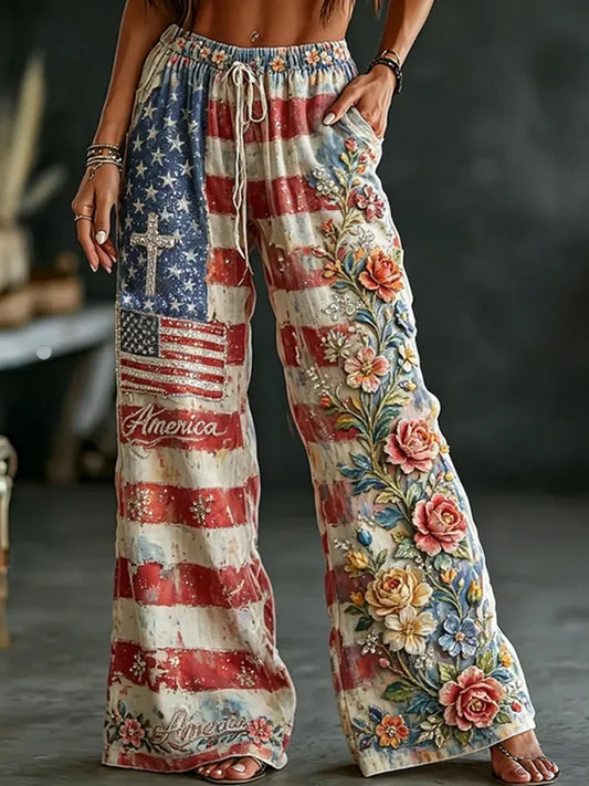 Women's Vintage American Flag And Floral Art Casual Pants