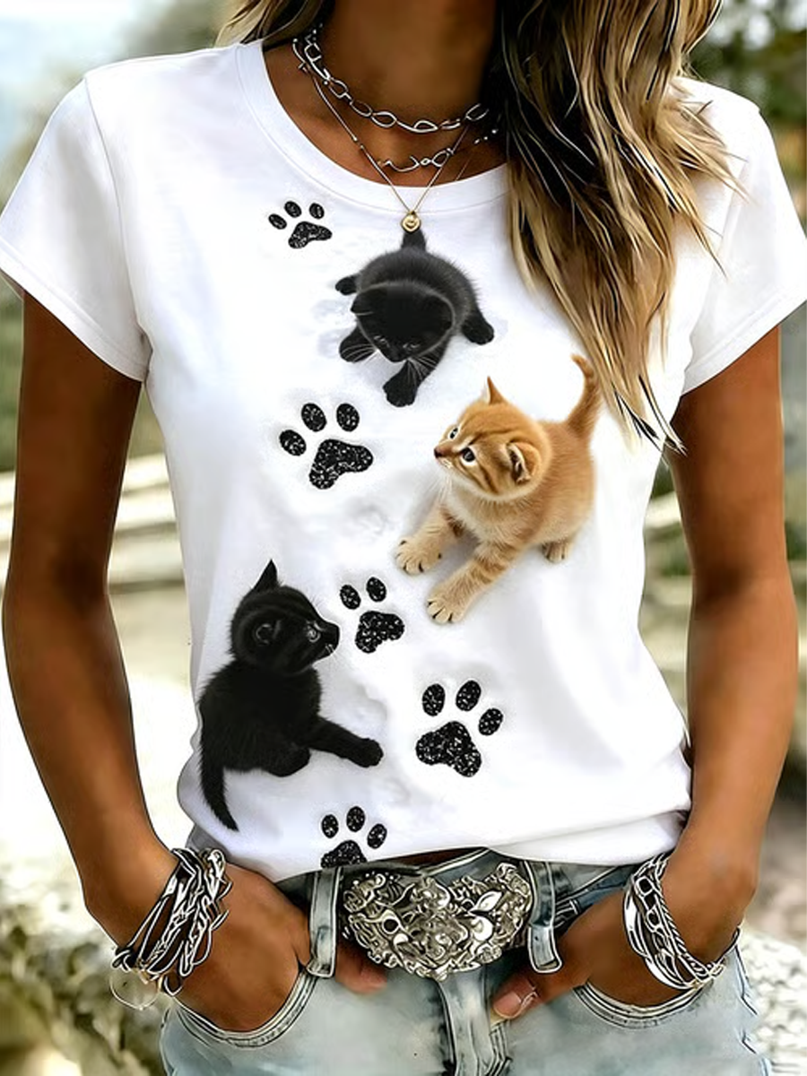 Women's Cute Cat Print short-sleeved T-shirt