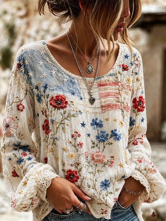 Women's Retro Embroidered Floral Art Print Casual Cotton Linen Comfortable Top