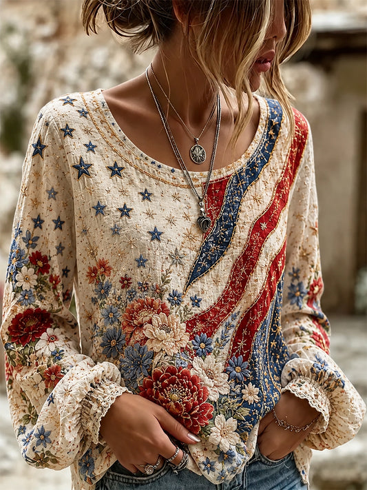 Women's Retro Embroidered Floral Art Print Casual Cotton Linen Comfortable Top