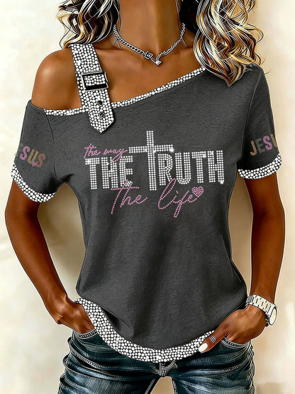 Women's The Way The Truth The Life Rhinestone Print Casual T-Shirt