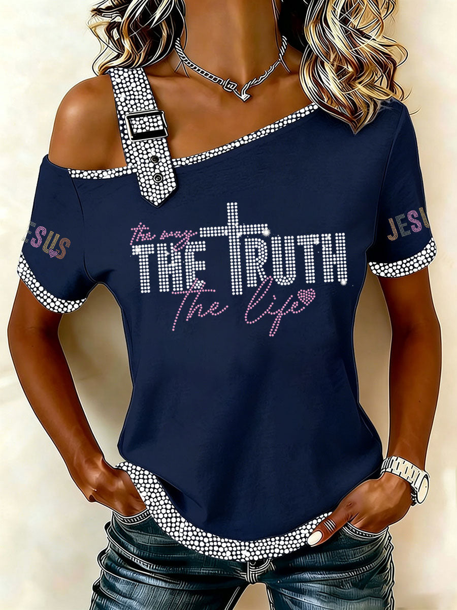 Women's The Way The Truth The Life Rhinestone Print Casual T-Shirt