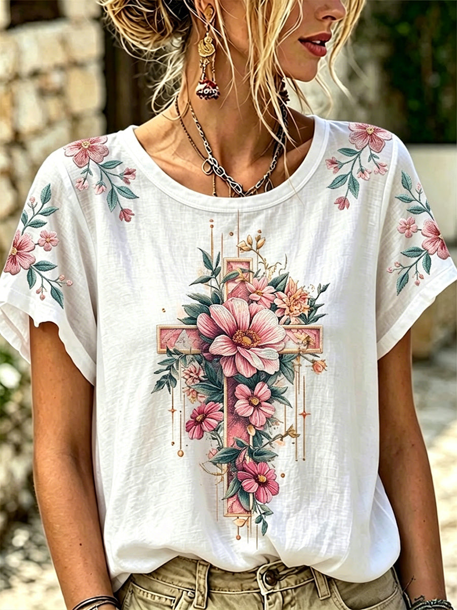 Women's Floral Christian Cross Print Tee