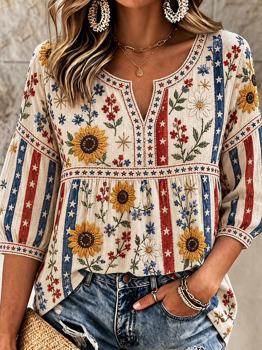 Women's Retro Embroidered Floral Art Print Casual Cotton Linen Comfortable Top