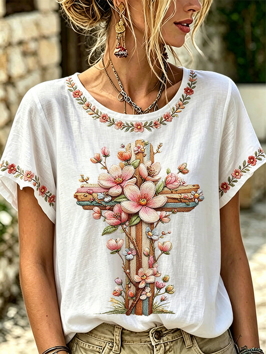Women's Floral Christian Cross Print Tee