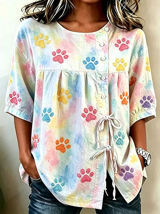 Women's Cute Cat Paws Art Cotton-Linen Button-Front Top