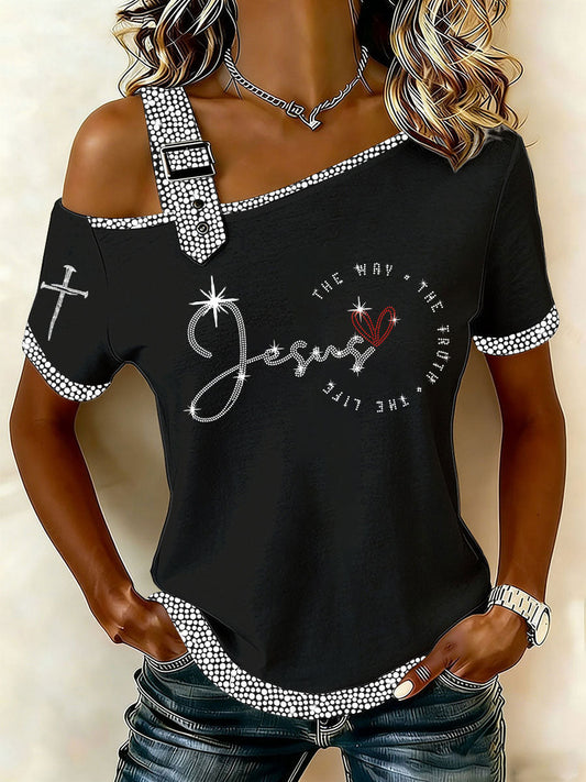 Women's The Way The Truth The Life Rhinestone Print Casual T-Shirt