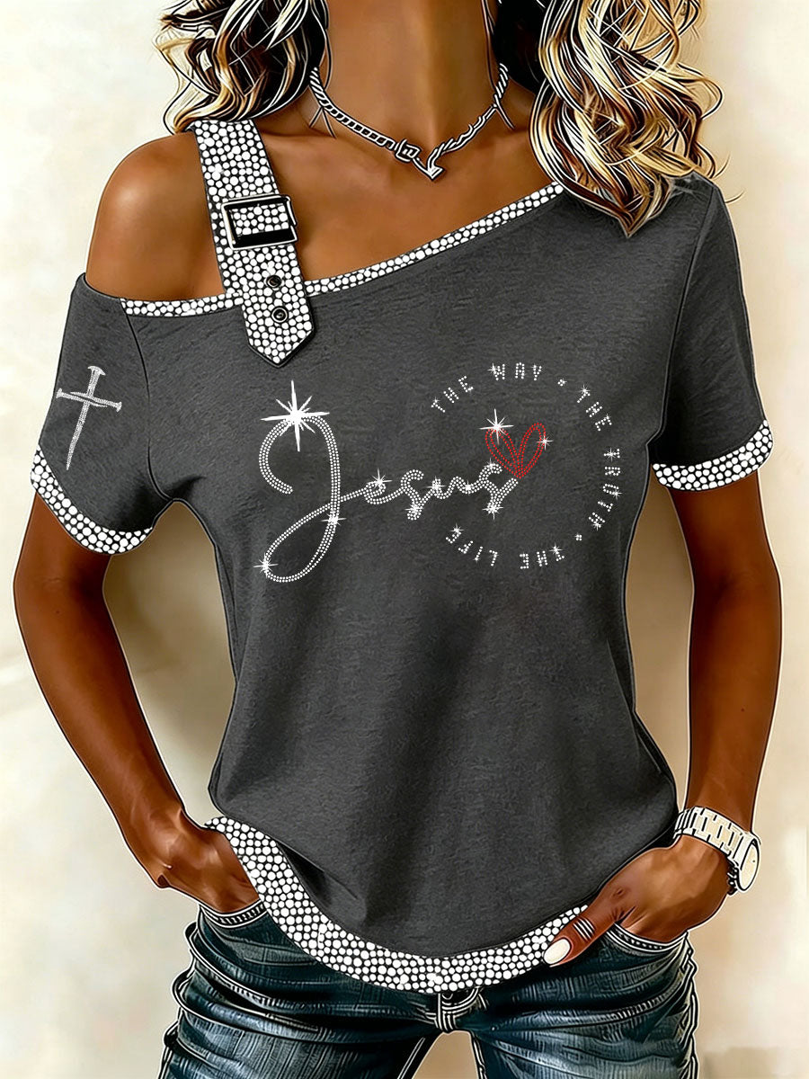 Women's The Way The Truth The Life Rhinestone Print Casual T-Shirt