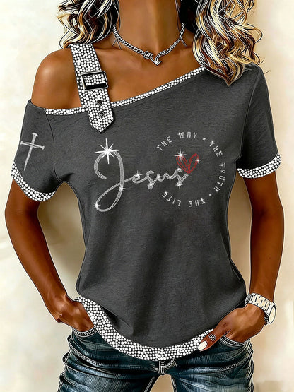 Women's The Way The Truth The Life Rhinestone Print Casual T-Shirt