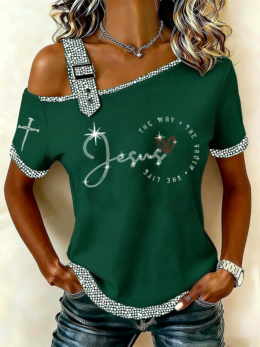 Women's The Way The Truth The Life Rhinestone Print Casual T-Shirt
