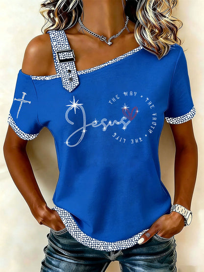 Women's The Way The Truth The Life Rhinestone Print Casual T-Shirt