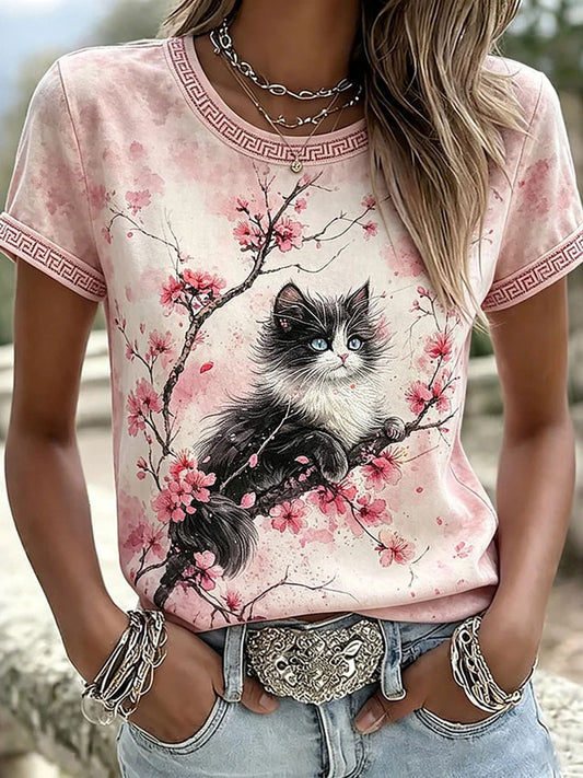 Women's Casual T-Shirt with Cat and Animal Embroidery & Print
