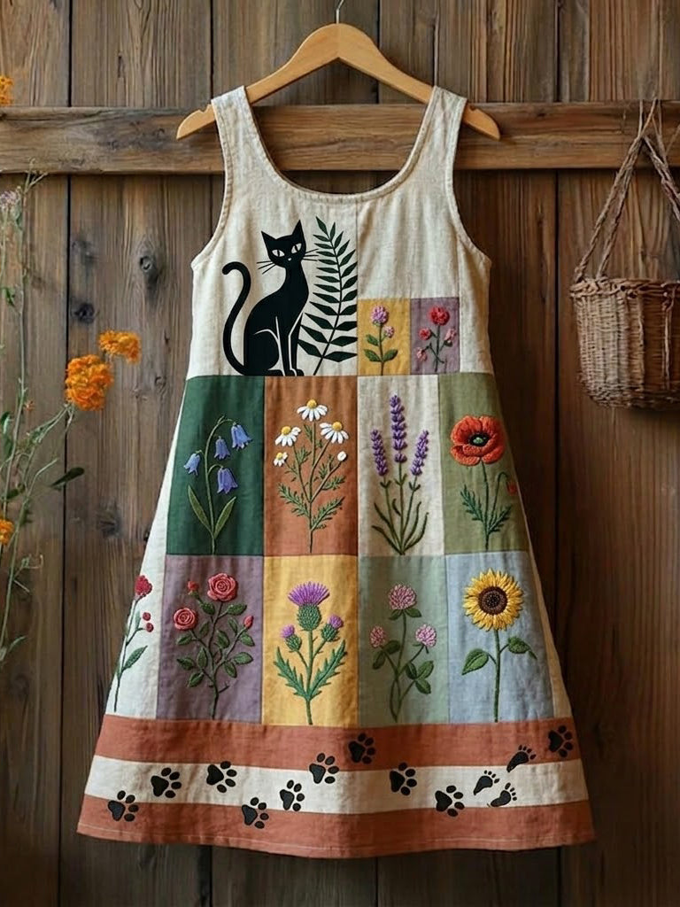 Women's Cat Flower Linen Patchwork Printed Dress