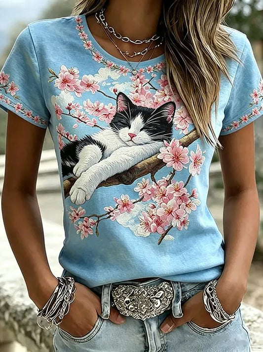 Women's Cute Flower Cat Short Sleeve T-shirt
