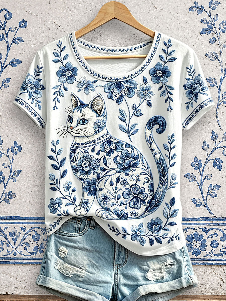Women's Floral Cat Print T-Shirts