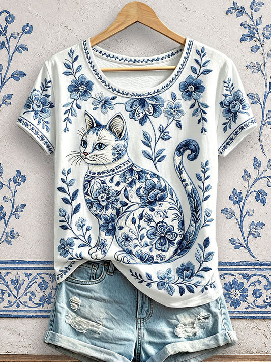 Women's Floral Cat Print T-Shirts