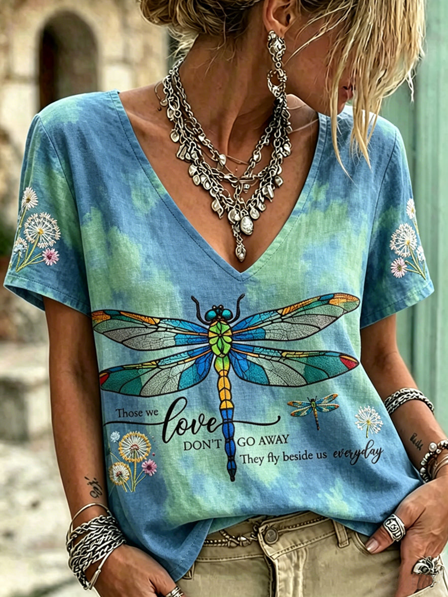 Woman's Dragonfly Printed Vintage Fashion Loose Short Sleeve T-Shirt