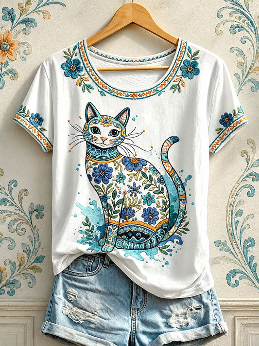 Women's Floral Cat Print T-Shirts