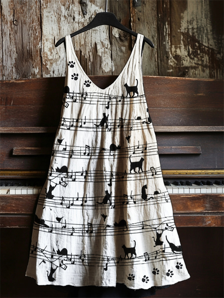 Women's Lovely Cats & Paw Prints Sheet Music Art V-neck dress