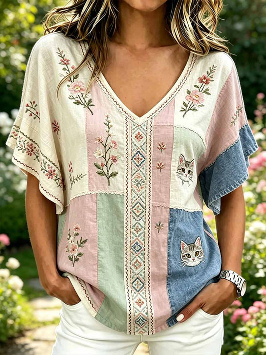 Women's Fashion Cat Pattern Printed Casual T-Shirt