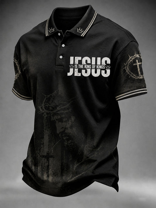 Men's Christian Cross Jesus Is The King Of Kings Print Polo