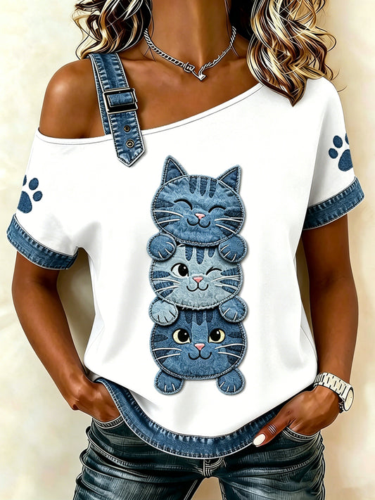 Women's Animal Cat Printed Vintage Fashion Loose Short Sleeve T-Shirt