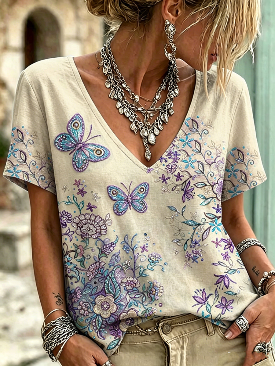 Women's Animal Butterfly Printed Vintage Fashion Loose Short Sleeve T-Shirt
