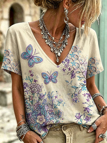Women's Animal Butterfly Printed Vintage Fashion Loose Short Sleeve T-Shirt