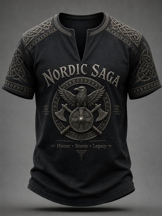 Men's Retro Viking Element Print Casual V-Neck Top