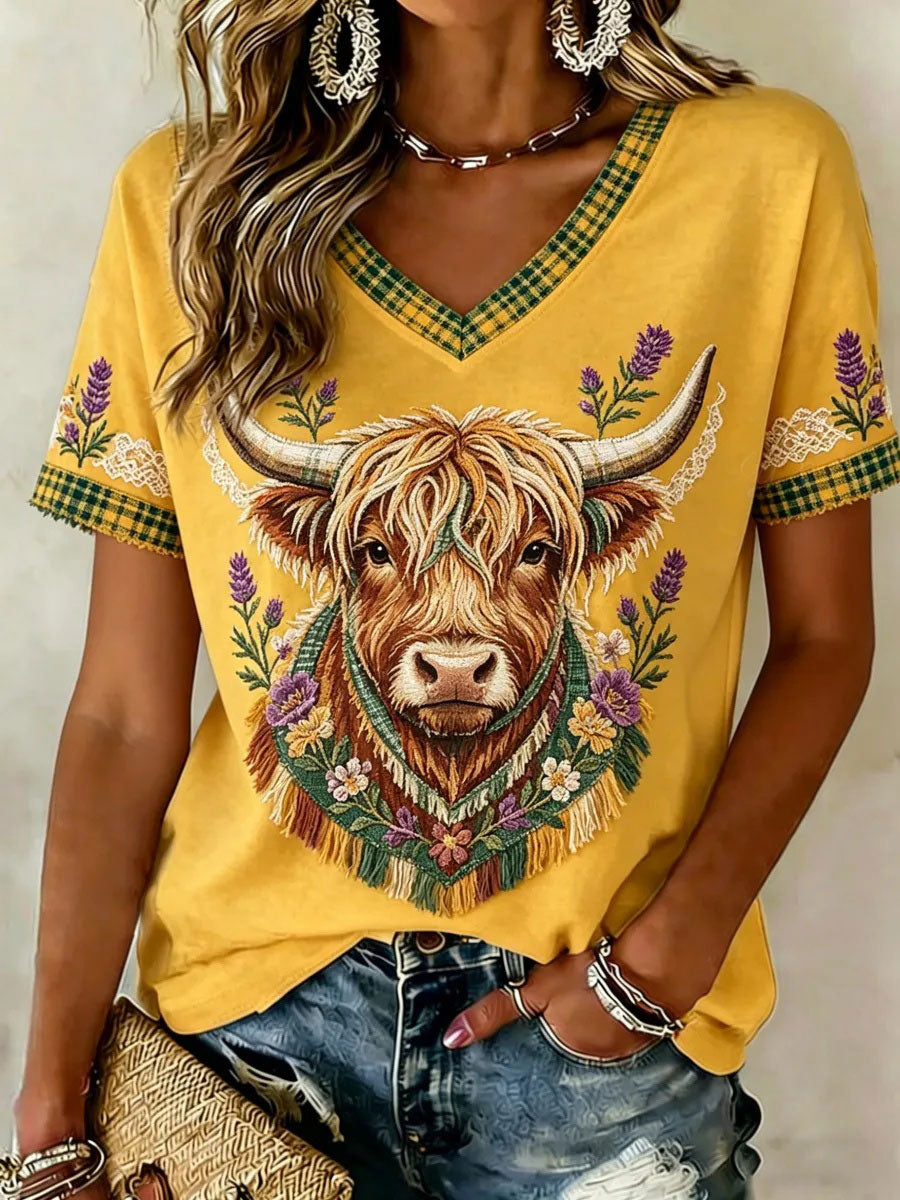 Women's Highland Denim Plaid Print T-shirt