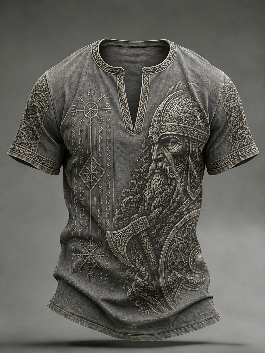 Men's Retro Viking Element Print Casual V-Neck Top