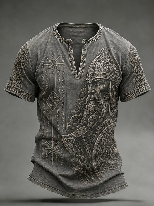 Men's Retro Viking Element Print Casual V-Neck Top