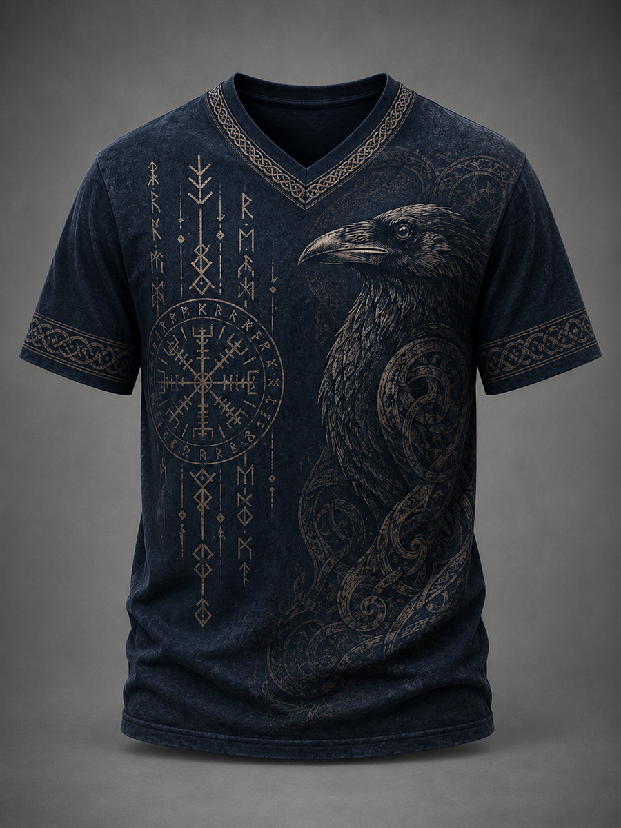 Men's Retro Viking Element Print Casual V-Neck Top