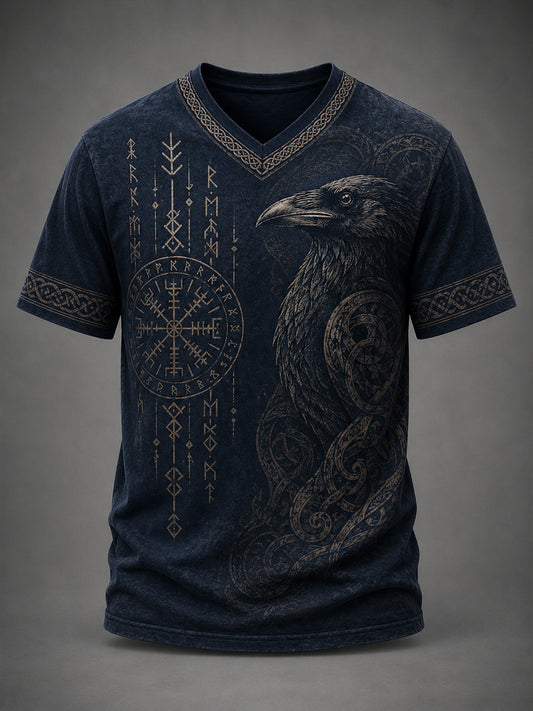 Men's Retro Viking Element Print Casual V-Neck Top