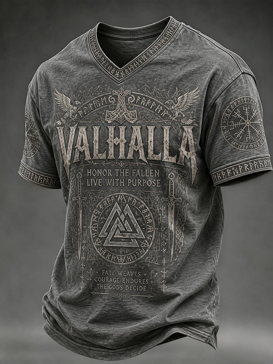 Men's Retro Viking Element Print Casual V-Neck Top