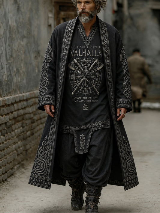 Men's Retro Viking Print Casual Long Trench Coat